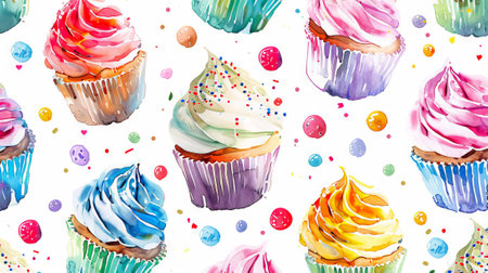 Colorful Watercolor Cupcakes with Frosting and Sprinkles Pattern. Concept of Sweet Desserts, Artistic Baking, Celebration Themes. Background.の写真素材