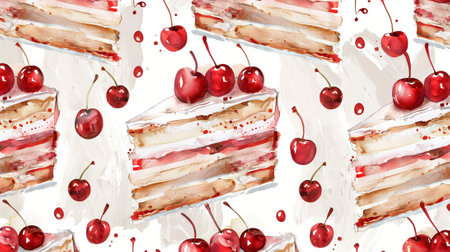 Watercolor Illustration of Cherry Cake Slices and Cherries Pattern. Concept of Dessert Art, Gourmet...
