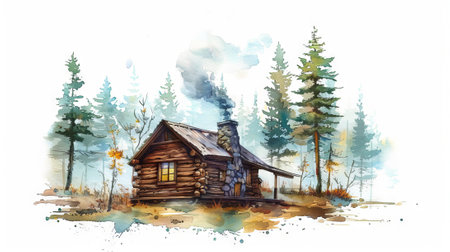Watercolor Illustration of a Rustic Log Cabin in a Forest Setting with Smoke from Chimney. Concept of Cozy Wilderness Retreat, Nature Escape, Tranquil Outdoor Living, cosy house.の写真素材