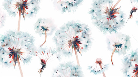 Watercolor Illustration of Pattern With Delicate Dandelions in Bloom, Emphasizing Nature, Floral Art, and Botanical Elegance. Background.の写真素材