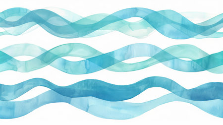 Watercolor Illustration of Abstract Wave Patterns in Blue and Green Tones. Concept of Ocean...