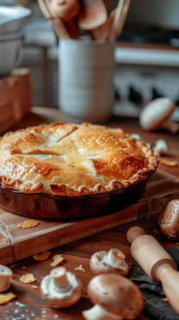 Delicious Freshly Baked Mushroom Pie on Wooden Table with Rustic Kitchen Scene. Concept of Homestyle...