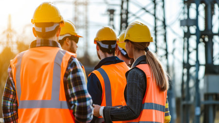 Group of engineers in safety vests and helmets discussing at a power station. Concept of teamwork,...