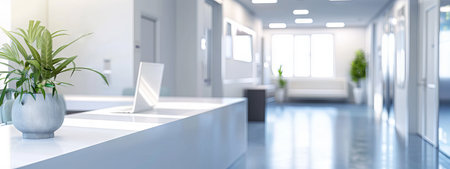 Modern Hospital Reception Interior with Bright Lighting and Greenery. Concept of Healthcare Facilities, Clean Design, Welcoming Environment. Banner. Copy space.の写真素材
