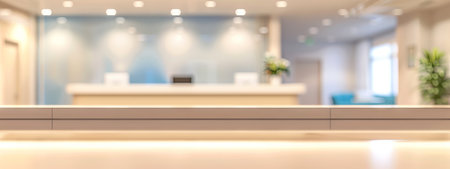 Modern and Bright Hospital Front Desk with Blurred Background and focus on desk. Concept of Clean Healthcare Environments, Welcoming Atmosphere, Professional Healthcare. Banner. Copy space.の写真素材