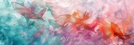 Abstract Fish in Pastel Watercolor. Ethereal Ocean Scene, Vibrant Marine Life, Colorful Artistic...