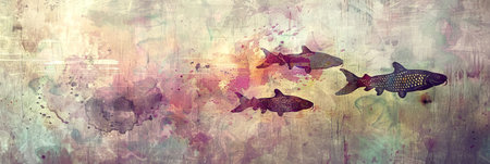 Pastel Toned Grunge Style Illustration of Abstract Fish Imagery, Concept of Artistic Expression, Aquatic Nature, Creative Freedom. Banner. Copy space.の写真素材