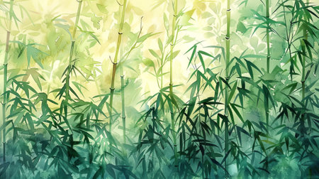 Watercolor Illustration of a Peaceful Bamboo Grove in Sunlight. Concept of Tranquility, Nature, and Elegant Greenery.の写真素材