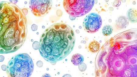 Watercolor illustration of microscopic cells in vibrant colors. Concept of viruses, bacteria, cells,...