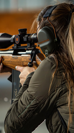 Woman in Protective Earmuffs Shooting at a Bullseye Target. Concept of Safe Shooting Practice,...