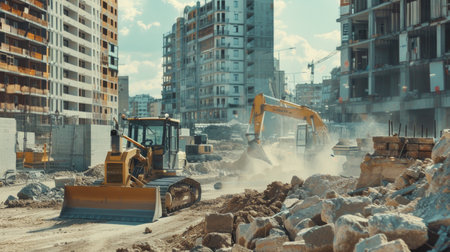 Bulldozer Leveling the Ground at a Construction Site in an Urban Environment. Concept of Urban Development, Heavy Machinery, Building Process.の写真素材