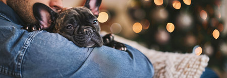 Caucasian Man Hugging a French Bulldog Puppy Near Christmas Tree Lights. Concept of Holiday Spirit, Pet Companionship, Festive Season. Wide banne. Copy space.の写真素材