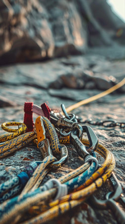 Close-up of Climbing Harness and Carabiners on Rocky Surface. Concept of Outdoor Adventure, Rock...