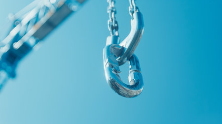 Close-Up of a Crane Hook and Cable Against a Blue Sky. Concept of Heavy Machinery, Industrial Equipment, Construction Site.の写真素材