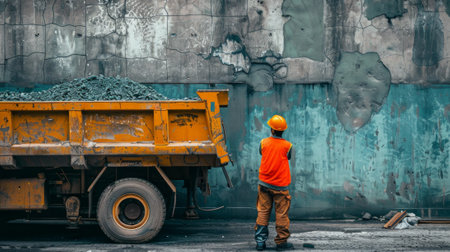 Construction Worker in High-Visibility Clothing Standing Next to Muddy Dump Truck at Construction...