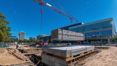 Construction Site with Crane Lifting Large Concrete Block in Bright Sunny Weather. Concept of Urban...