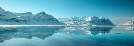 Majestic Snow-Covered Mountains Reflecting in a Serene Frozen Lake on a Clear Day. Concept of...
