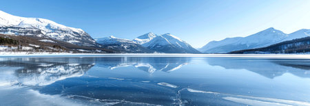 Majestic Snow-Covered Mountains Reflecting in a Serene Frozen Lake on a Clear Day. Concept of...