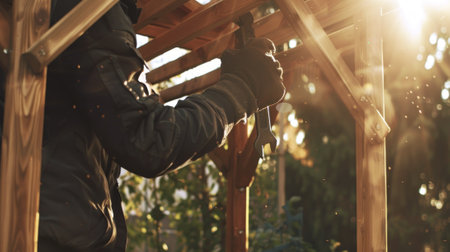 Landscape Worker Assembling a Wooden Gazebo in a Sunlit Garden. Concept of Outdoor Construction,...