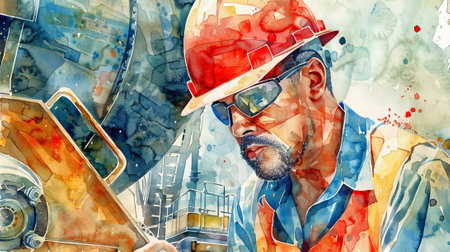 Watercolor Illustration of a Construction Worker Operating Heavy Machinery. Concept of Hard Work,...