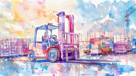 Colorful Watercolor Illustration of a Forklift Lifting Materials in a Construction Site. Concept of Industrial Work, Heavy Equipment, Construction.の写真素材