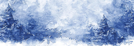 Watercolor illustration of a frozen forest landscape with snow-covered trees in a serene winter setting. Concept of winter nature, tranquility, frozen beauty, and seasonal cold.の写真素材