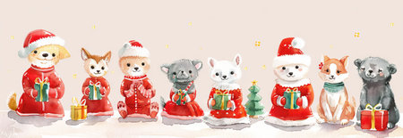 Watercolor Illustration of Cute Animals Celebrating Christmas with Gifts and Santa Hats. Concept of Holiday Spirit, Christmas Cheer, Festive Season. Copy space.の写真素材