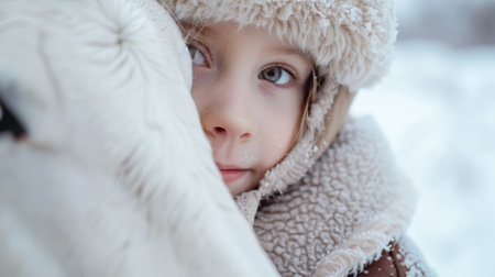 Young Girl in Winter Clothing Hugging a Pony Covered in Snowflakes during a Day in the Park. Concept...