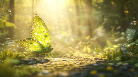 Magical Green Butterfly in Enchanted Forest, Surrounded by Ferns and Dappled Sunlight. Concept of Nature s Beauty, Fantasy, Serenity, and Fairy Tale Charm. Digital Art. Spring background.の写真素材