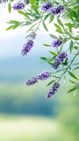 Lavender Blooms on Spring Branch with Soft Focus Background. Concept of Nature, Freshness, Tranquility, Springtime Serenity. Spring background. Copy space. Vertical shot.の写真素材