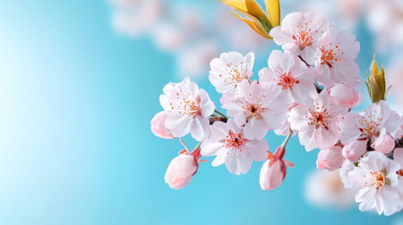 Close-Up of Blooming Cherry Blossom Branch on Bright Spring Day. Concept of New Beginnings, Natural Beauty, Renewal, Tranquility. Spring background. Copy space.の写真素材