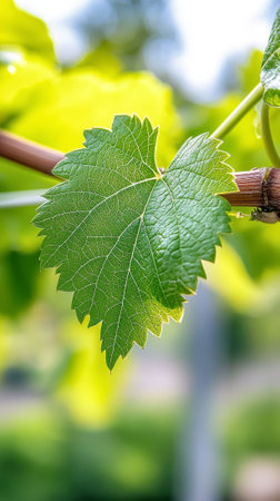 Close-up of Vibrant Green Vine Leaf in Sunlight. Concept of nature beauty, plant growth, eco-friendly environment, botanical details. Spring background. Vertical shot.の写真素材
