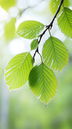 Fresh Green Leaves with Dew Drops in Sunlight. Concept of Spring Renewal, Nature Growth, Refreshing...