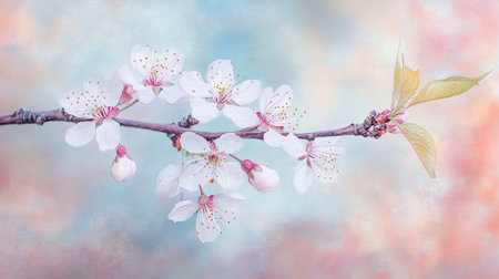 Spring Blossom Watercolor Illustration Delicate Cherry Blossoms on Pastel Background Concept of...