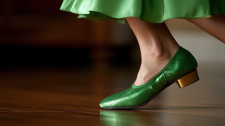 Woman's Feet in Green Shoes Performing Traditional Irish Dance. Concept of Cultural Heritage, Dance, Irish Tradition. Saint Patrick's Day.の写真素材