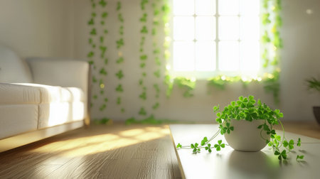 Bright Modern Living Room Decorated with Shamrocks for St. Patrick's Day Celebrations. Concept of Festive Interior Design, Holiday Spirit, Irish Festivities, and Relaxation.の写真素材