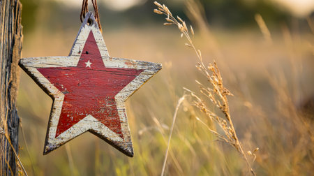 Rustic Wooden Star with Lone Star Design Hanging on Weathered Post in Grass Field. Concept of Texas Independence, Americana, Rural Charm, Country Decor. Copy space.の写真素材