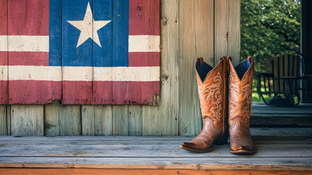 Modern Cowboy Boots Resting on Porch with Texas Flag Art. Concept of Texas Independence Day, Western Heritage, Rustic Home Decor. Copy space.の写真素材