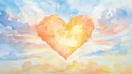 Watercolor Art of a Heart-Shaped Cloud in a Serene Sky, Concept of Love, Tranquility, and Imagination.の写真素材