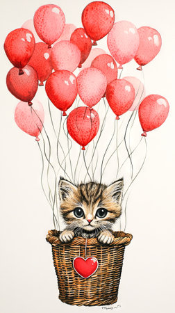 Cute Kitten in a Basket with Heart-Shaped Balloon Bouquet Illustration. Concept of Adorable Pets, Love, and Whimsical Art.の写真素材