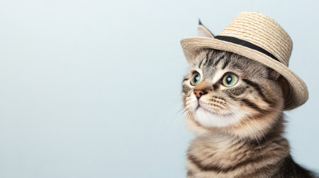 Adorable Tabby Cat Wearing a Stylish Straw Hat Against a Soft Blue Background. Concept of Pet Fashion, Whimsical Style, and Feline Charm. Copy space.の写真素材