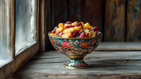 Decorative Bowl Filled with Persian New Year Treats on Wooden Table Concept of Cultural Celebrations, Festive Sweets, and Traditional Desserts at Nowruz.の写真素材