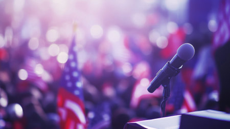 Microphone at a Presidential Inauguration Ceremony with Flags and Crowd Blurred in Background....