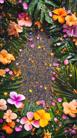 Vibrant Floral and Glitter Frame with Tropical Flowers and Leaves Art. Concept of Brazilian...