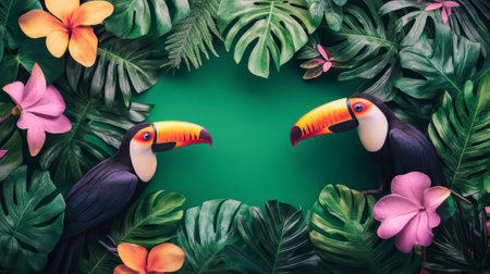 Vibrant Tropical-Themed Border with Toucans and Colorful Foliage. Concept of Brazilian Carnival,...