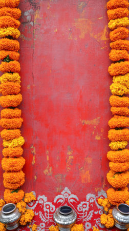 Colorful Marigold Garland Decoration for Maha Shivaratri Festival with Ornate Vases. Concept of Indian Culture, Festive Celebration, Traditional Floral Art. Copy Space. Vertical.の写真素材