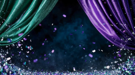 Festive Mardi Gras Celebration with Glittering Green and Purple Curtains and Falling Confetti. Concept of Carnival Celebration Party, Festivity Joyful Atmosphere. Copy Space.の写真素材