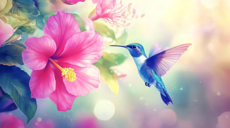 Colorful hummingbird hovering near vibrant pink hibiscus flowers. Concept of exotic wildlife, nature beauty, tropical ecosystems, vivid floral design, exotic birds.の写真素材