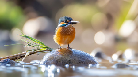 Vibrant kingfisher perched on reed in serene water environment. Concept of colorful wildlife, nature...