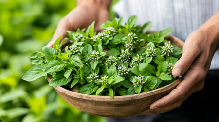 Fresh basil leaves in wooden bowl held by African American man. Concept of organic gardening,...